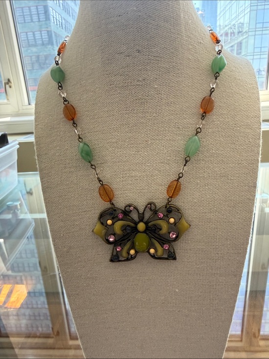 Vintage Jewelry - Vintage Butterfly Pendant Necklace with Green & Orange Glass Beads.